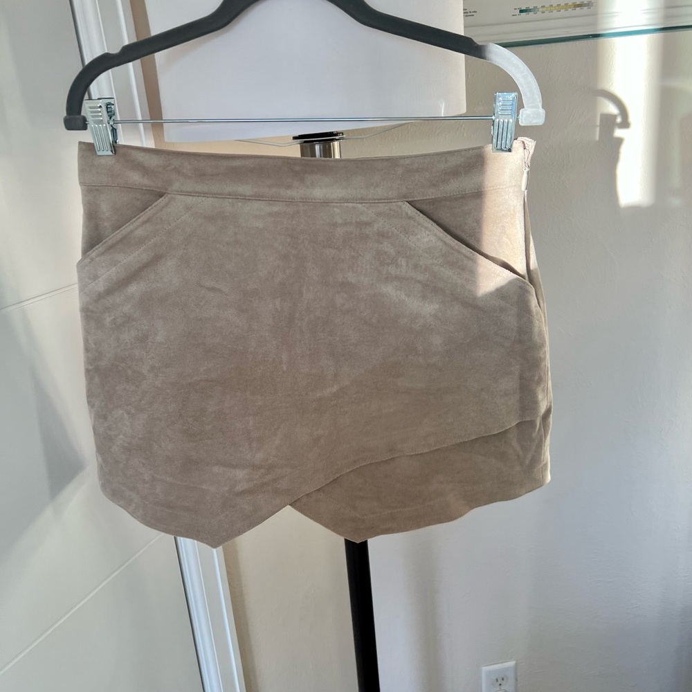Beige, asymmetrical, miniskirt suede